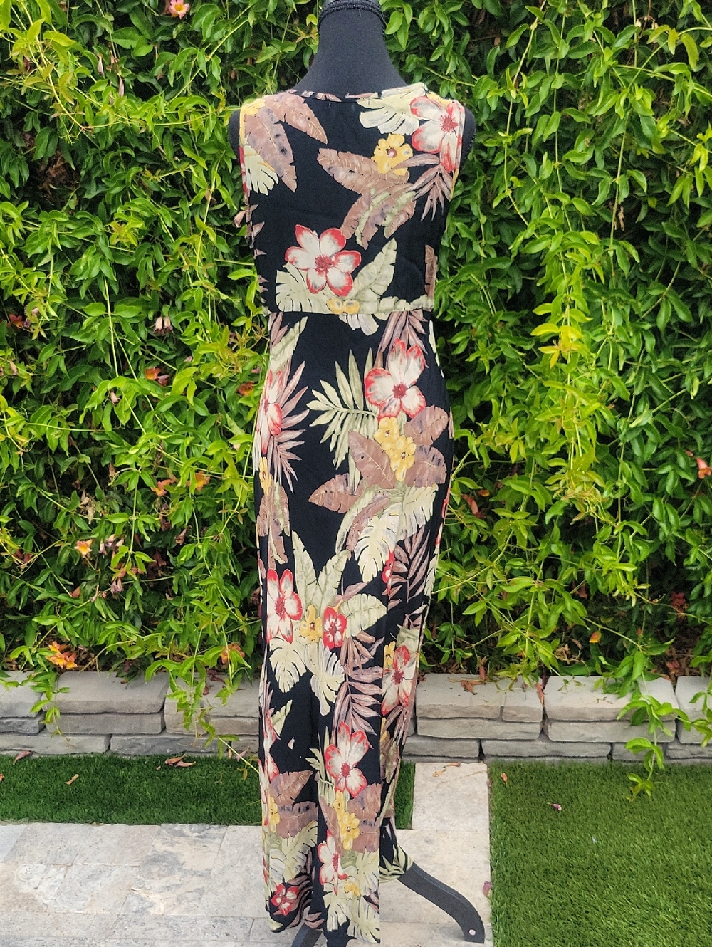 Vintage Karen Kane Black Tropical Floral Maxi Dress M - Picture 6 of 10